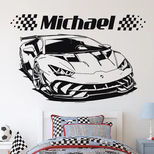Personalized Lamborghini Style Racing Car Wall Decal - Custom Name & Checkered Flag Vinyl Art Marif Creation