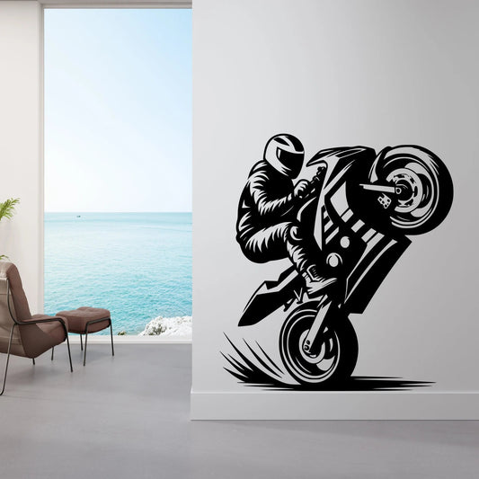 Dynamic Motorcycle Wheelie Stunt Wall Decal | Extreme Sport Bike Art Marif Creation