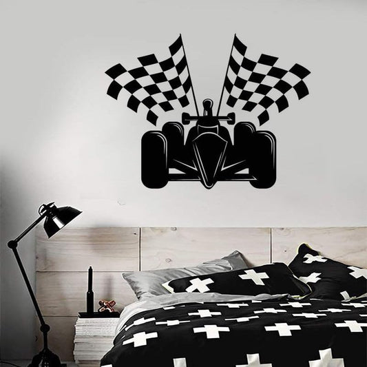 Formula 1 Race Car with Checkered Flags Wall Decal | Victory Lane Motorsport Art Marif Creation