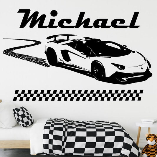 Personalized Supercar Wall Decal with Custom Name | Racing Car Vinyl Art for Kids Room Marif Creation