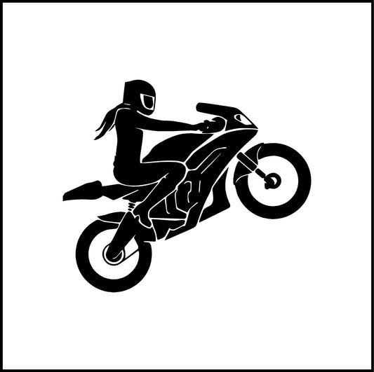 Dynamic Female Sportbike Rider Wall Decal | Motorcycle Wheelie Vinyl Art Marif Creation