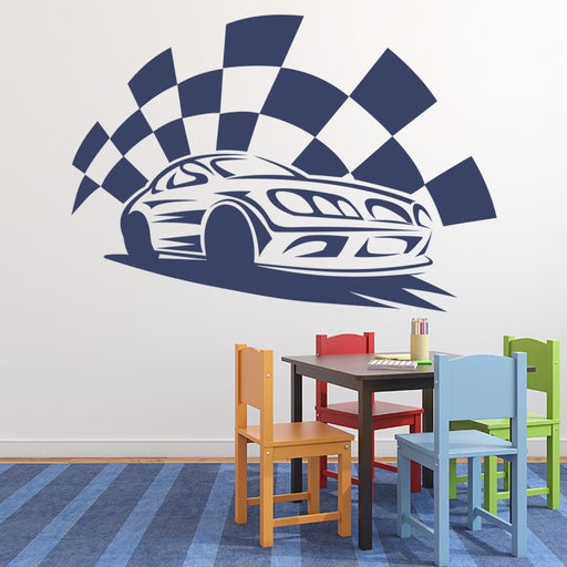 Dynamic Race Car & Checkered Flag Wall Decal | Sporty Kids Room Decor Marif Creation