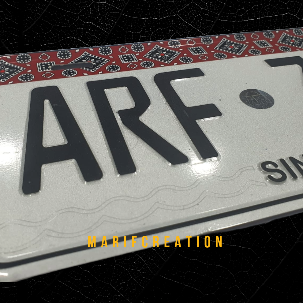 Premium Quality Sindh Ajrak New Style (White) Upper Side Embossed Replica Number Plate