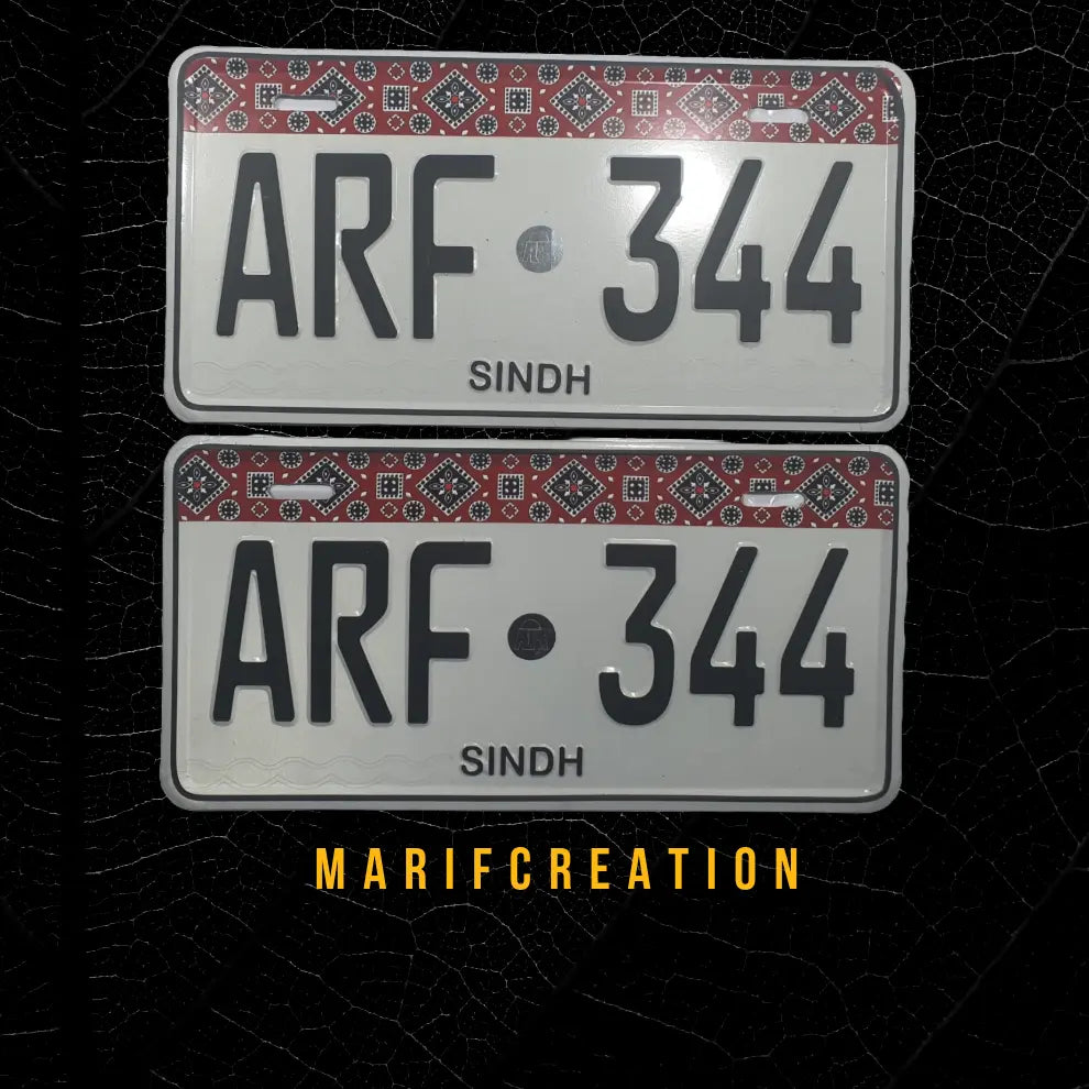 Premium Quality Sindh Ajrak New Style (White) Upper Side Embossed Replica Number Plate My Store