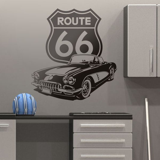 Vintage Corvette & Route 66 Wall Decal | Classic Car Garage Art Marif Creation