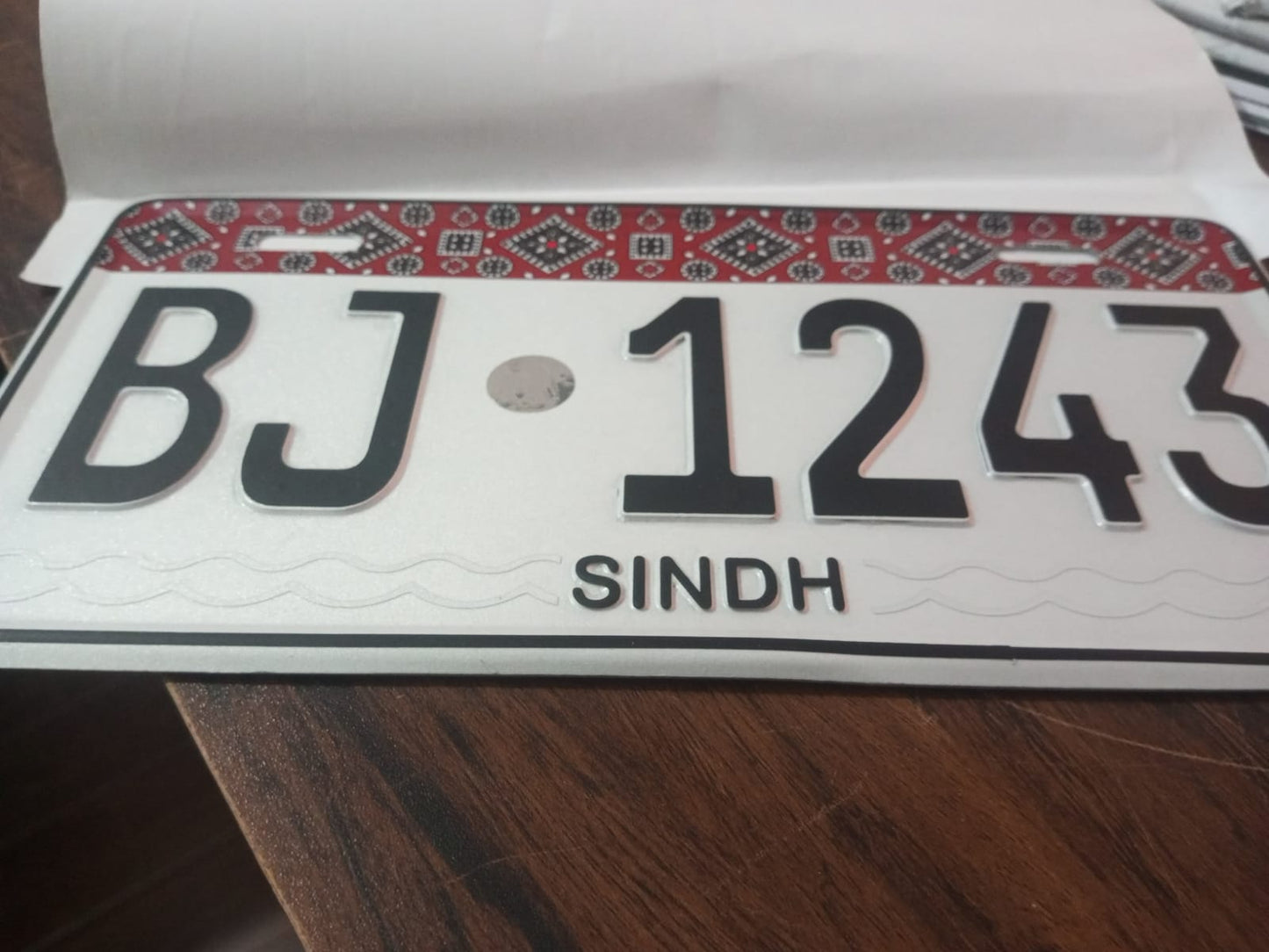 Premium Quality Sindh Ajrak New Style (White) Upper Side Embossed Replica Number Plate