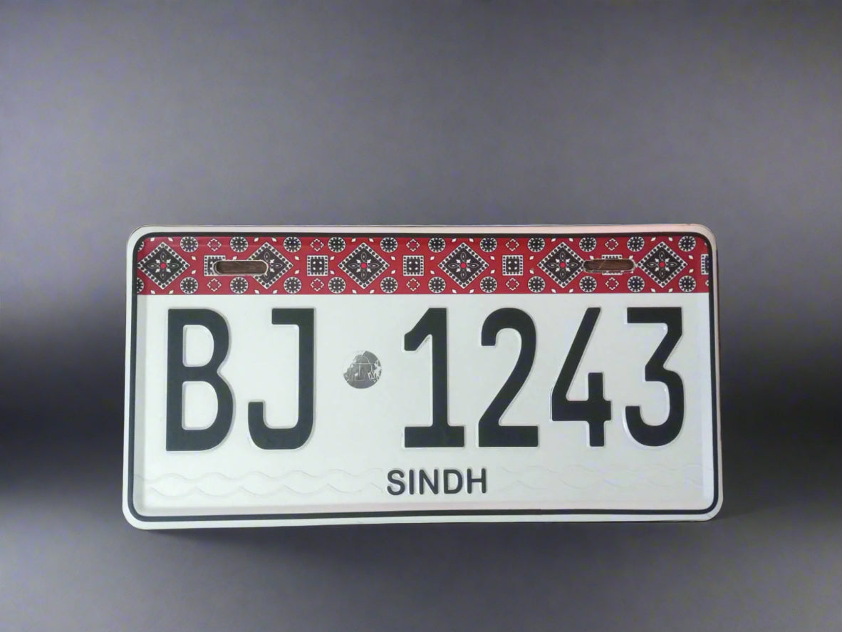 Premium Quality Sindh Ajrak New Style (White) Upper Side Embossed Replica Number Plate