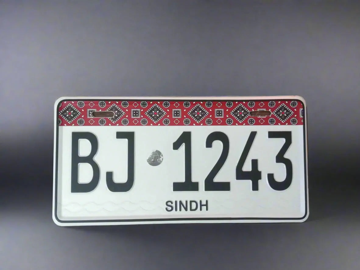 Premium Quality Sindh Ajrak New Style (White) Upper Side Embossed Replica Number Plate My Store