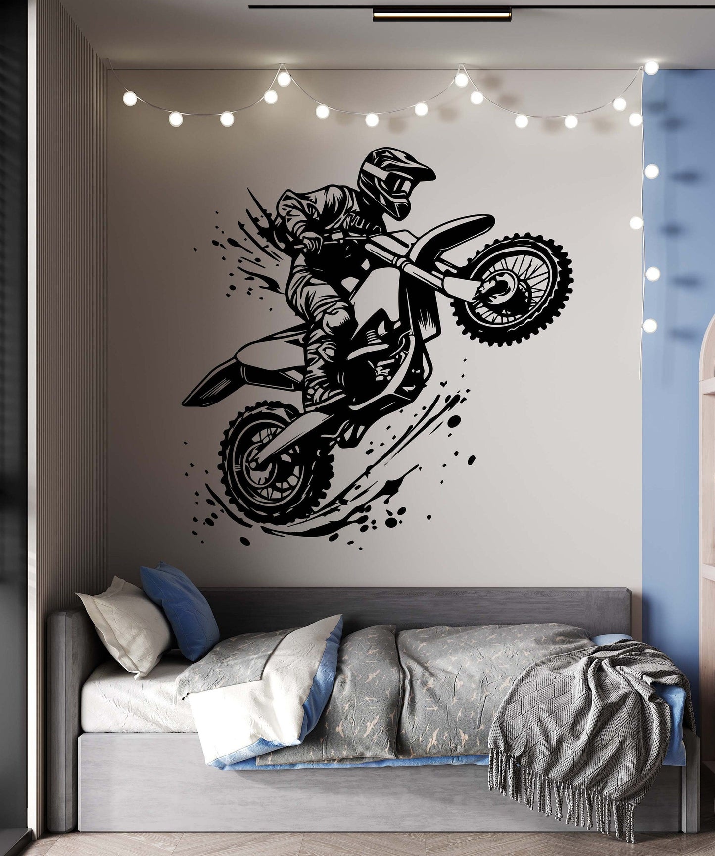 Dynamic Motorcycle Rider & City Skyline Wall Decal | Urban Adventure Vinyl Art Marif Creation
