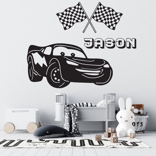 Personalized 'Jason' Race Car & Checkered Flags Wall Decal | Kids Room Vinyl Art Marif Creation