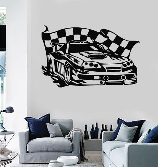 Dynamic Race Car & Checkered Flag Vinyl Wall Decal | Speed & Sports Art Marif Creation
