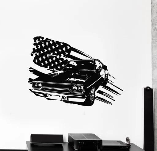 Vintage Muscle Car American Flag Wall Decal | Classic Automotive Vinyl Art Marif Creation