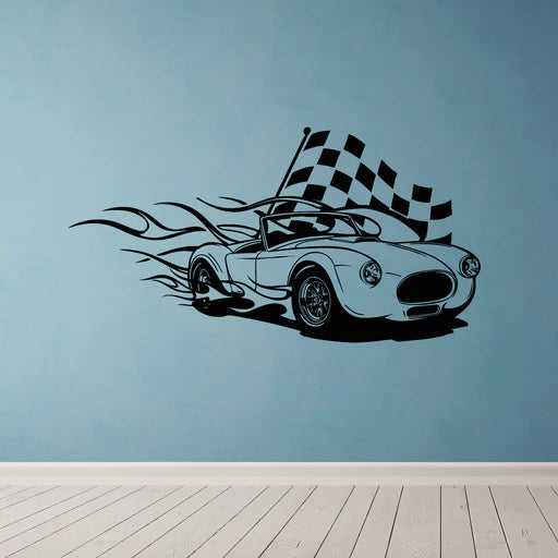 Classic Sports Car Racing Flames Wall Decal | Checkered Flag Automotive Art Marif Creation