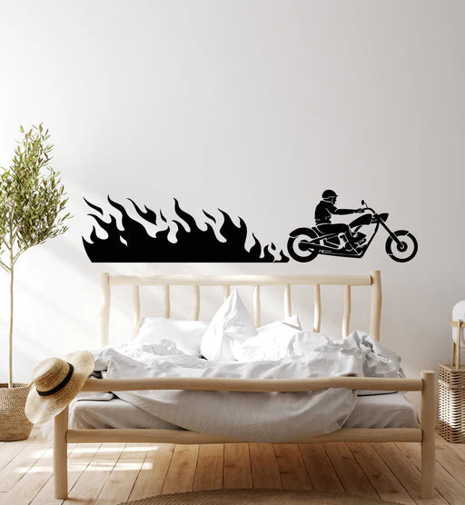 Dynamic Motorcycle Rider with Flames Vinyl Wall Decal | Biker Speed Art Marif Creation