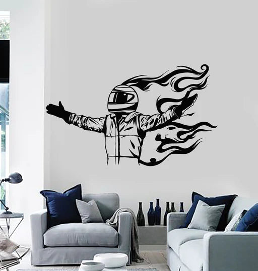 Dynamic Flaming Racer Wall Decal | High-Speed Motorsports Vinyl Art Marif Creation