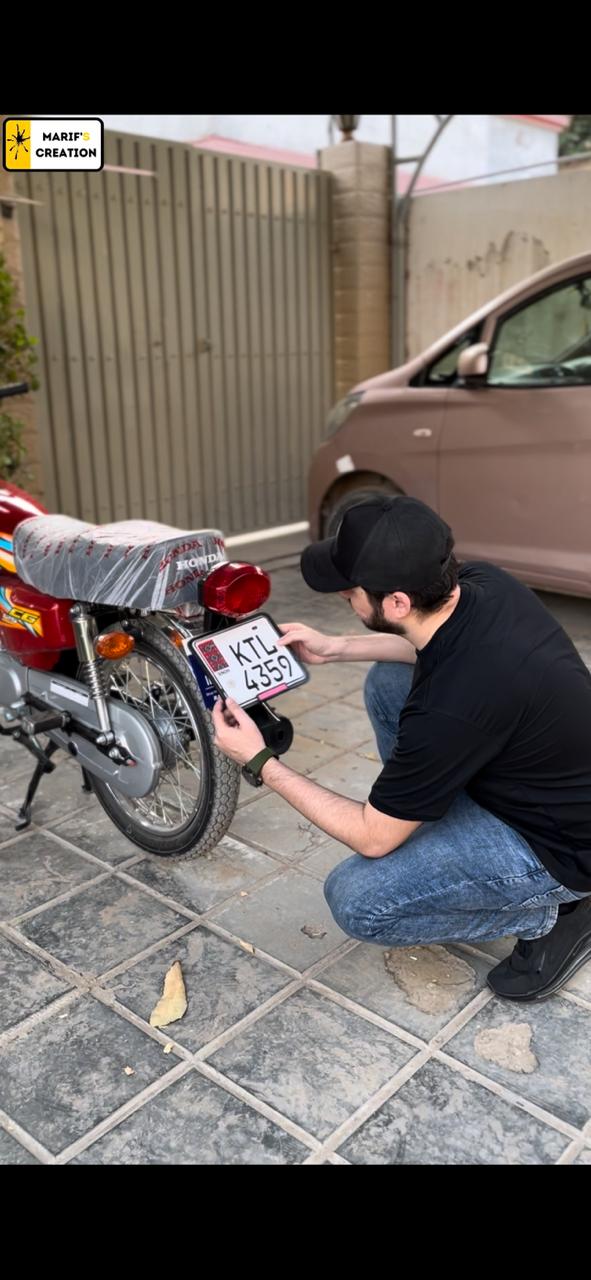 Premium Quality Sindh Ajrak New Style (White) Upper Side Embossed Replica Number Plate  For Bike My Store