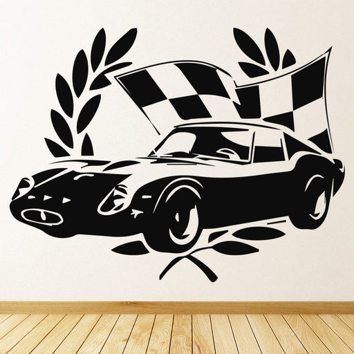 Vintage Racing Car Wall Decal | Classic Sports Car & Checkered Flag Art Marif Creation