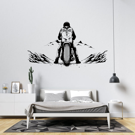 Dynamic Motorcycle Rider City Skyline Vinyl Wall Decal | Urban Adventure Art Marif Creation