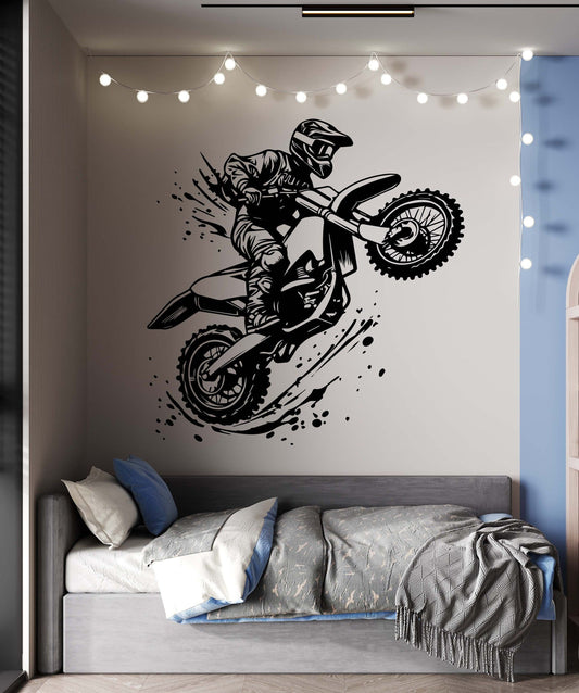 Dynamic Motorcycle Rider & City Skyline Wall Decal | Urban Adventure Vinyl Art Marif Creation