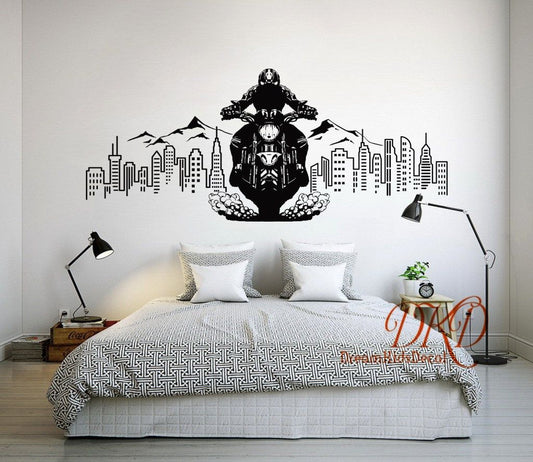 Dynamic Motorcycle Rider City Skyline Vinyl Wall Decal | Urban Adventure Home Decor Marif Creation