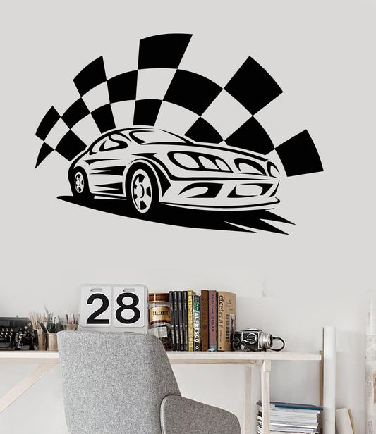 Dynamic Racing Sports Car Wall Decal with Checkered Flag Design | Vinyl Art for Speed Enthusiasts Marif Creation