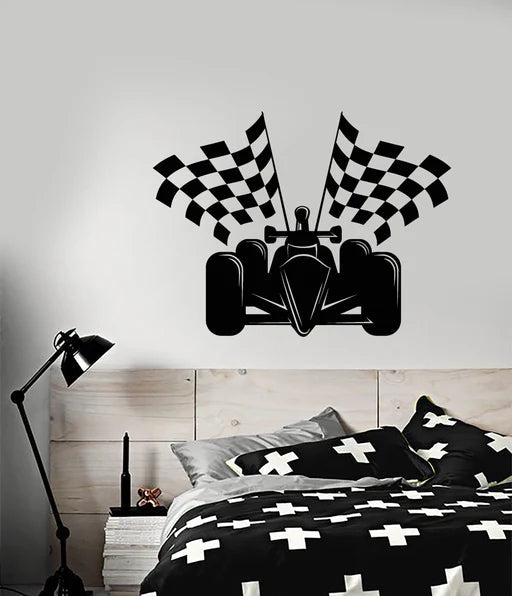 F1 Race Car & Checkered Flags Wall Decal | Motorsports Kids Room Decor Marif Creation
